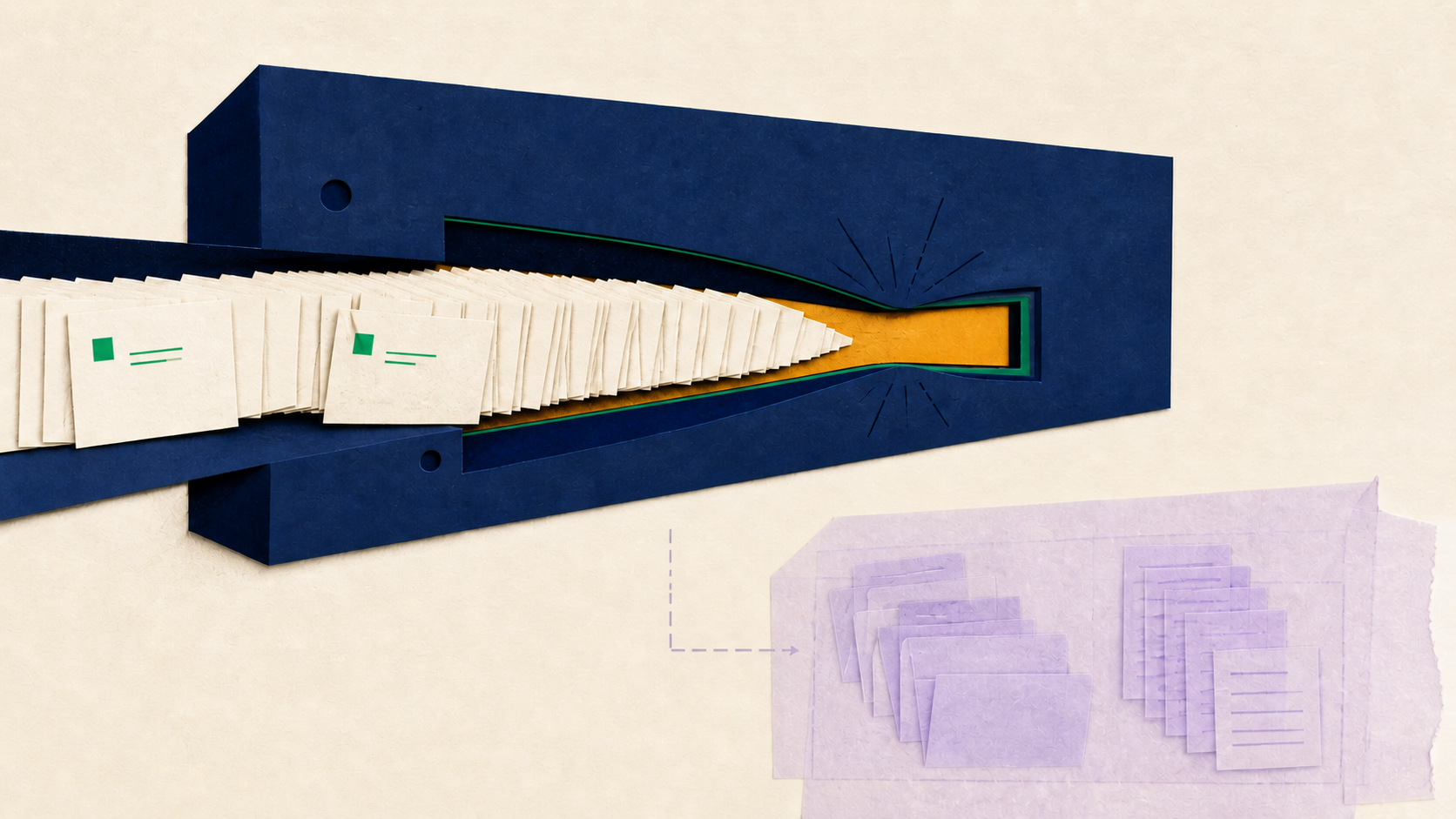 Editoriale Papiercollage: Grün markierte Anfragekarten werden im schmalen Gateway-Engpass zusammengedrückt; eine blasse, abgesetzte Lage mit Datei- und Ordnerformen zeigt Plugin-Metadaten und Dateisystemprüfungen als unbestätigte Spur.