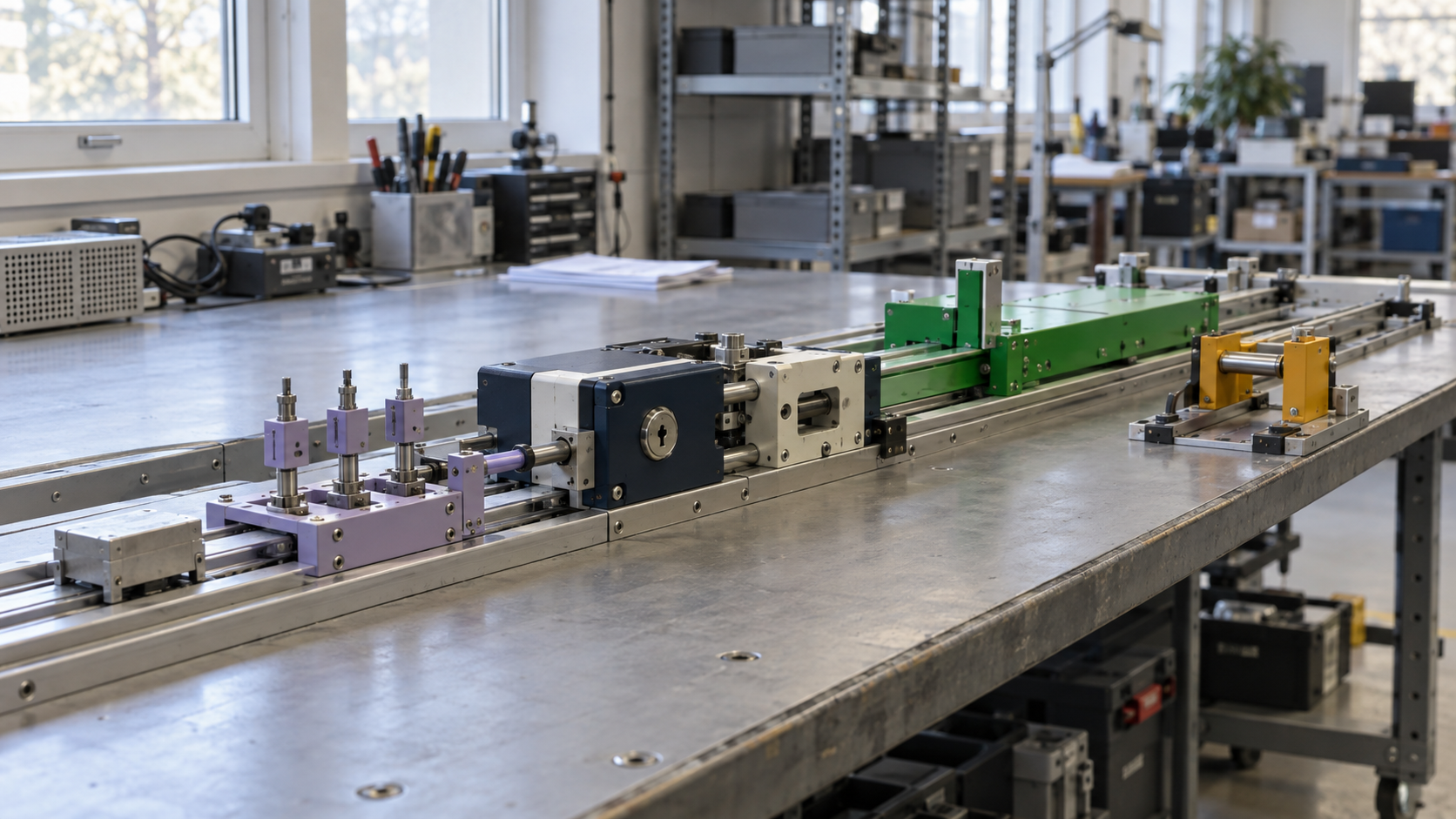 Dokumentarischer Elektronik-Prüfplatz mit gestaffelten Stationen: Ein lavendelfarbener Prüfschritt liefert ein Modellsignal an eine massive Navy- und Off-White-Sperre; erst dahinter führen ein breiter smaragdgrüner Freigabepfad und eine amberfarbene Blockierung zu getrennten Ergebnissen.