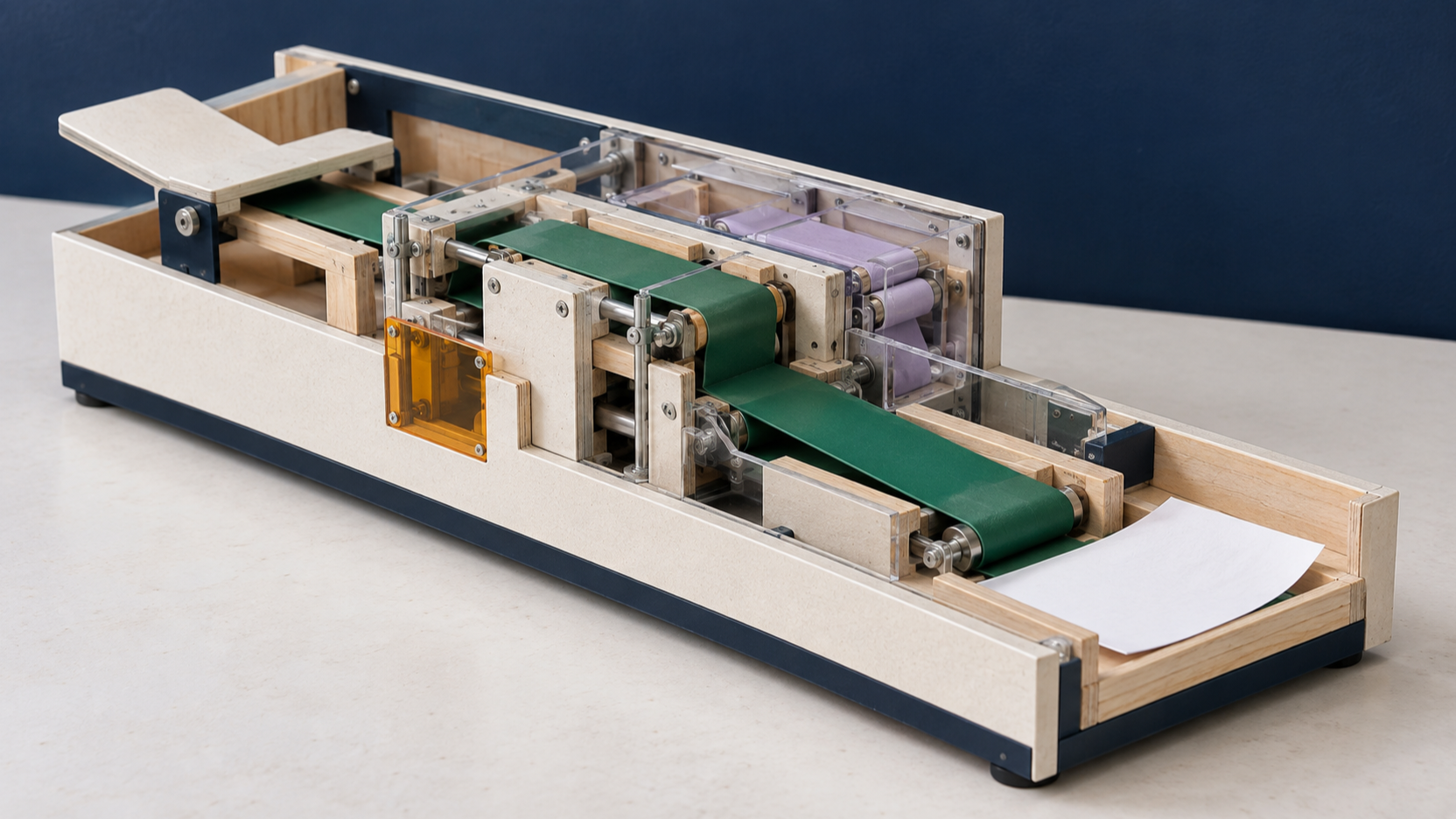 Material-Cutaway eines Hook-Prüfgeräts: Ein breiter smaragdgrüner Träger läuft vom Eingabeschieber durch die geladenen Handler-Kassetten zu einem Papierbeleg in der Log-Ablage; eine lavendelfarbene Bucht bleibt inaktiv, eine amberfarbene Schutzkante markiert den offenen Gateway-Zugriff.