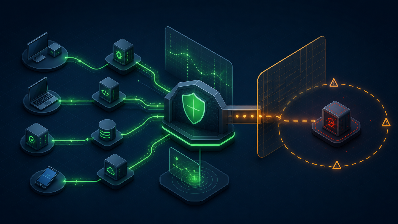 Netzwerkdiagramm: ein Sicherheits-Gateway erkennt reguläre Tool-Verbindungen und grenzt eine nicht genehmigte Verbindung ab.